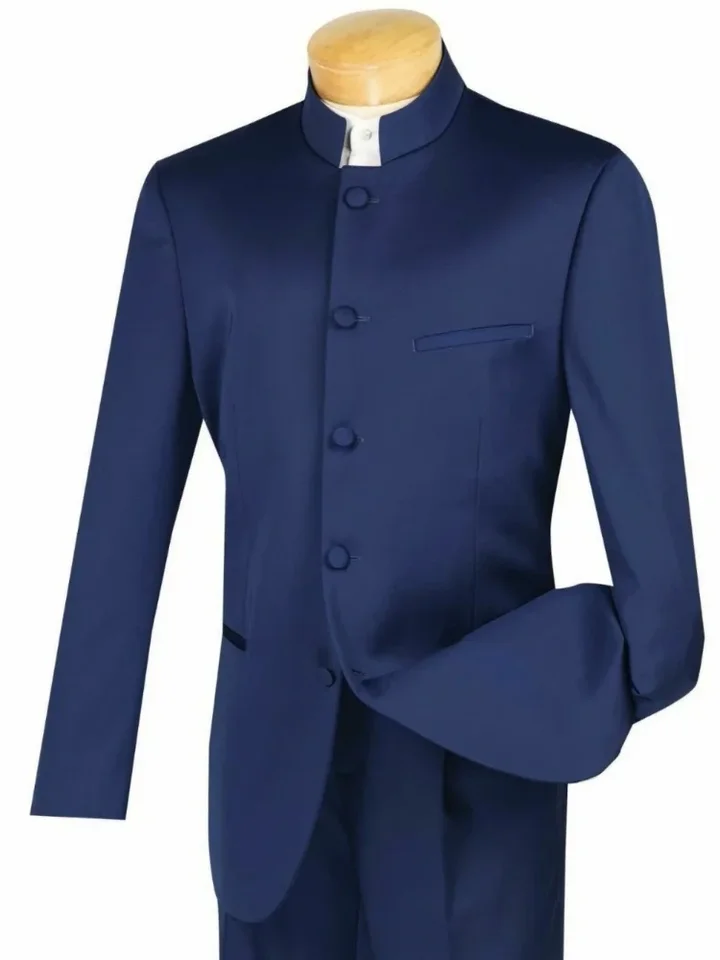 Slim Fit Men's Suits With Satin Stand Collar Navy Blue Wedding Groom Tuxedo For Prom 2 Pcs Male Fashion Suit Jacket Pants - Image 4