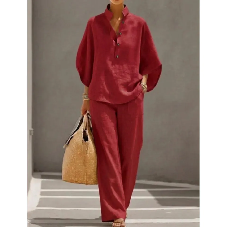 Fashion Cotton Linen Button Stand Collar 9 Quarter Sleeves Loose Women's 2-piece Suit Spring Casual Wide Leg Pants Suit Female - Image 5