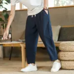 New Cotton Linen Mens Pants Casual Solid Color Breathable Streetwear Loose Straight Drawstring Baggy Lightweight Sport Pants