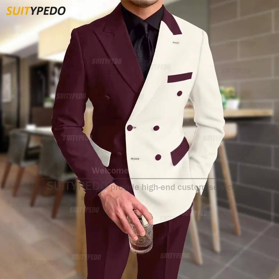 Fashion Black Ivory Splicing Men Suit Casual Party Classic Double Breasted Jacket Evening Dinner Elegant Blazer Pants Outfits - Image 2