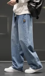 Spring New Wide Jeans Men Straight Vintage Drawstring Trousers Loose Pants Casual Solid Color Fashion Pants Big Size