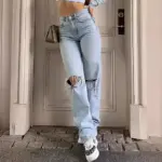 Ankle Length Ripped Holes Jean Straight Jeans Women High Waist Denim Pants Loose Washed Distressed Zipper Fly Streetwear
