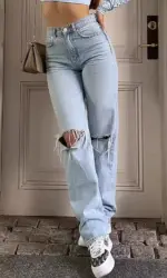 Ankle Length Ripped Holes Jean Straight Jeans Women High Waist Denim Pants Loose Washed Distressed Zipper Fly Streetwear
