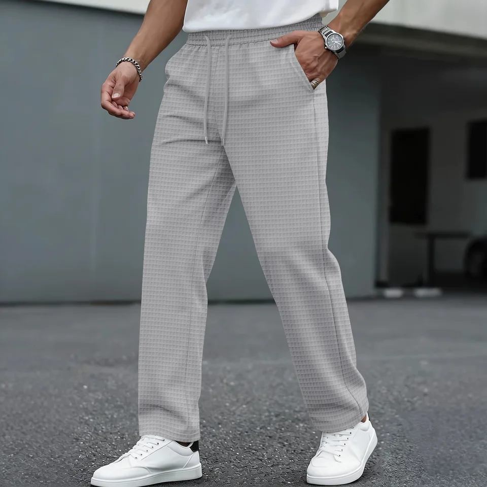 Men's new wide-checkered drawstring casual pants - lightweight, breathable, solid color, comfortable straight-leg trousers - Image 2