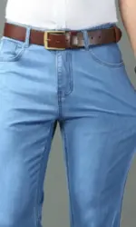 New Ice Silk Thin Denim Jeans For Men Blue Straight Stretch Cotton Pants Business Casual Lightweight Trousers Spring Summer