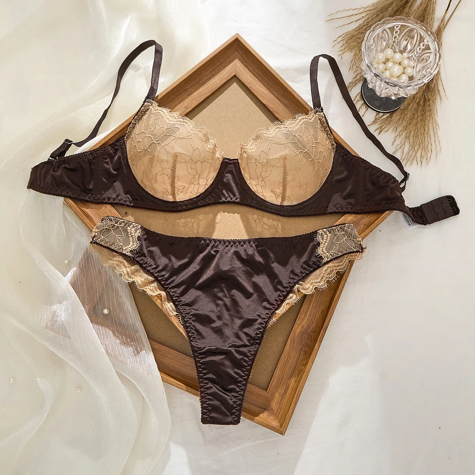 Sexy Lace Flowers Embroidery Lingerie Set for Women Ultra Thin Breathable Bra Button Decoration Underwear French Bras Thong Sets - Image 6