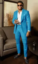 Blue Shawl Lapel Suit Male 2 Pieces Tailored Groom Wedding Suits Tuxedo Best Man Blazer Pants Trendy Fashion Marriage Costume