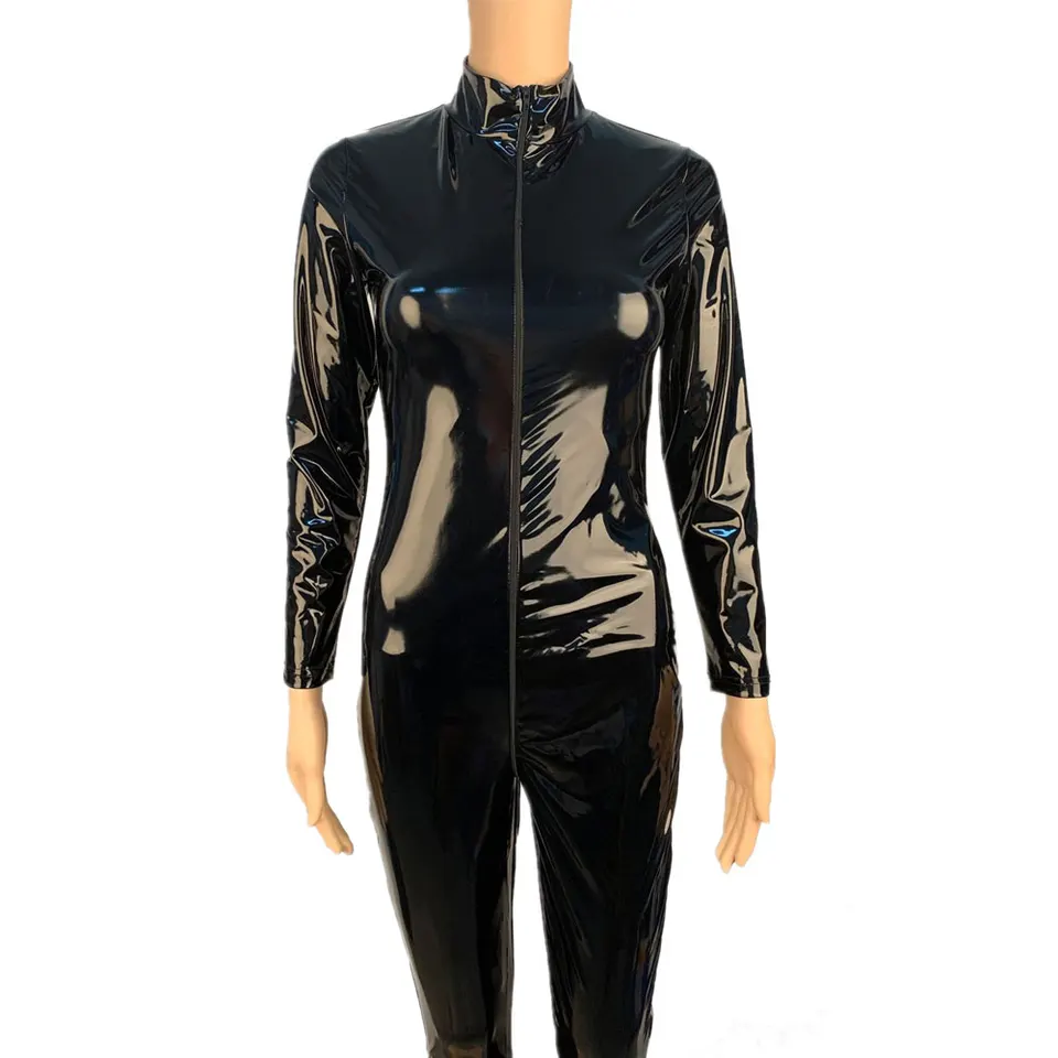 Sexy Lady Shiny Latex Suit PVC Faux Leather Jumpsuit Long Sleeve Zipper Shiny PU Patent Leather Bodysuit Nightclub Clubwear - Image 5