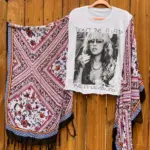 Trendy Women's Blouse 2025 Autumn Spring Vintage Print Loose Tops Simple Crew Neck Batwing Sleeve Patchwork Shirt One Size Tee