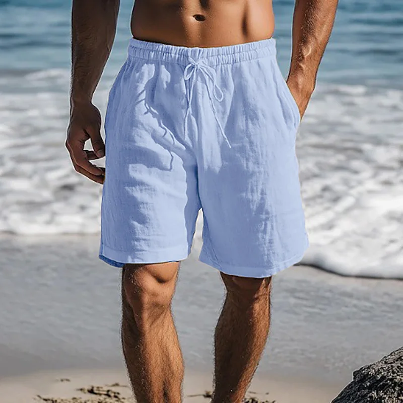 Men Cotton Linen Shorts Summer Lightweight Breathable Casual Beach Style Shorts Basic Solid Color Sweatpants Elastic Waist - Image 2