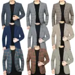 2025 Spring/Fall Navy Blue Plaid Straight Tube Blazer for Men, Multi-Pocket Casual Comfortable Versatile Dad-Style Suit Jackets