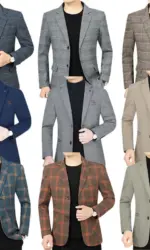 2025 Spring/Fall Navy Blue Plaid Straight Tube Blazer for Men, Multi-Pocket Casual Comfortable Versatile Dad-Style Suit Jackets