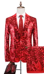 Red Men's Slim Fashion Sequin Suit Two Piece, Top + Pants, Available in Blue, Black, Gold, Green, Size M-6XL