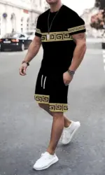 New summer men's comfortable and breathable digital printed round neck T-shirt shorts set suitable for outdoor leisure sports