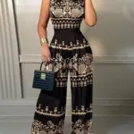 Elegant Women Wide Leg Long Juumpsuit 2024 Spring Summer Fashion Printed Sleeveless Casual Holiday Bodysuits Jumpsuits Trousers