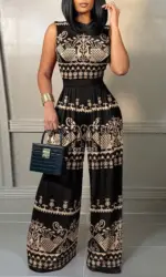 Elegant Women Wide Leg Long Juumpsuit 2024 Spring Summer Fashion Printed Sleeveless Casual Holiday Bodysuits Jumpsuits Trousers