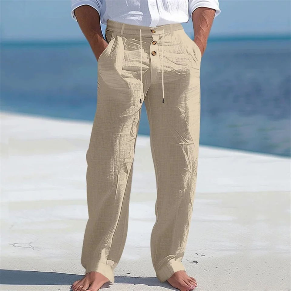 Men's Autumn Spring Cotton Pants Casual Breathable Cozy Trousers Button Drawstring Design Beach Style Vacation Long Pants - Image 3