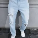 Men's Light Blue Ripped Jeans for Spring and Autumn. Casual Denim Trousers. Street Ripped Daily Casual