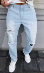 Men's Light Blue Ripped Jeans for Spring and Autumn. Casual Denim Trousers. Street Ripped Daily Casual