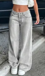 2026 New Women's Wide Leg Jeans Floor Length Pants Low Waist Washed Distressed Pockets Streetwear Retro Straight Trousers Denims