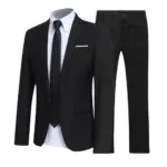 1 Set Men Jacket Pants Solid Color Turndown Collar Slim Fit Business Suit Set Groom Trousers for Wedding Office