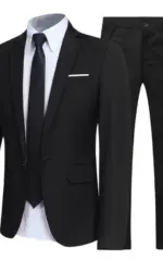 1 Set Men Jacket Pants Solid Color Turndown Collar Slim Fit Business Suit Set Groom Trousers for Wedding Office