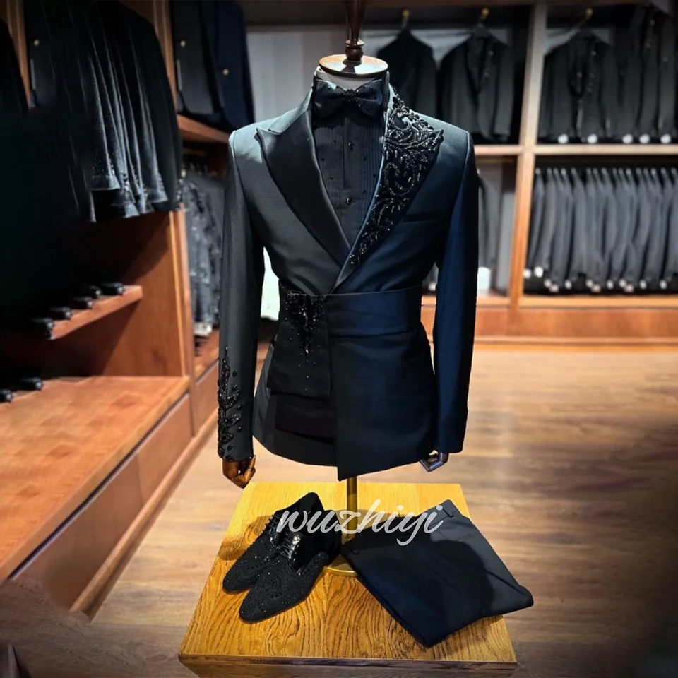 Luxury Men's Suit for Wedding Tuxedo 2 Piece Sets Slim Fit Applique Wedding Party Groom Blazers Bespoke jacket Pants Customized