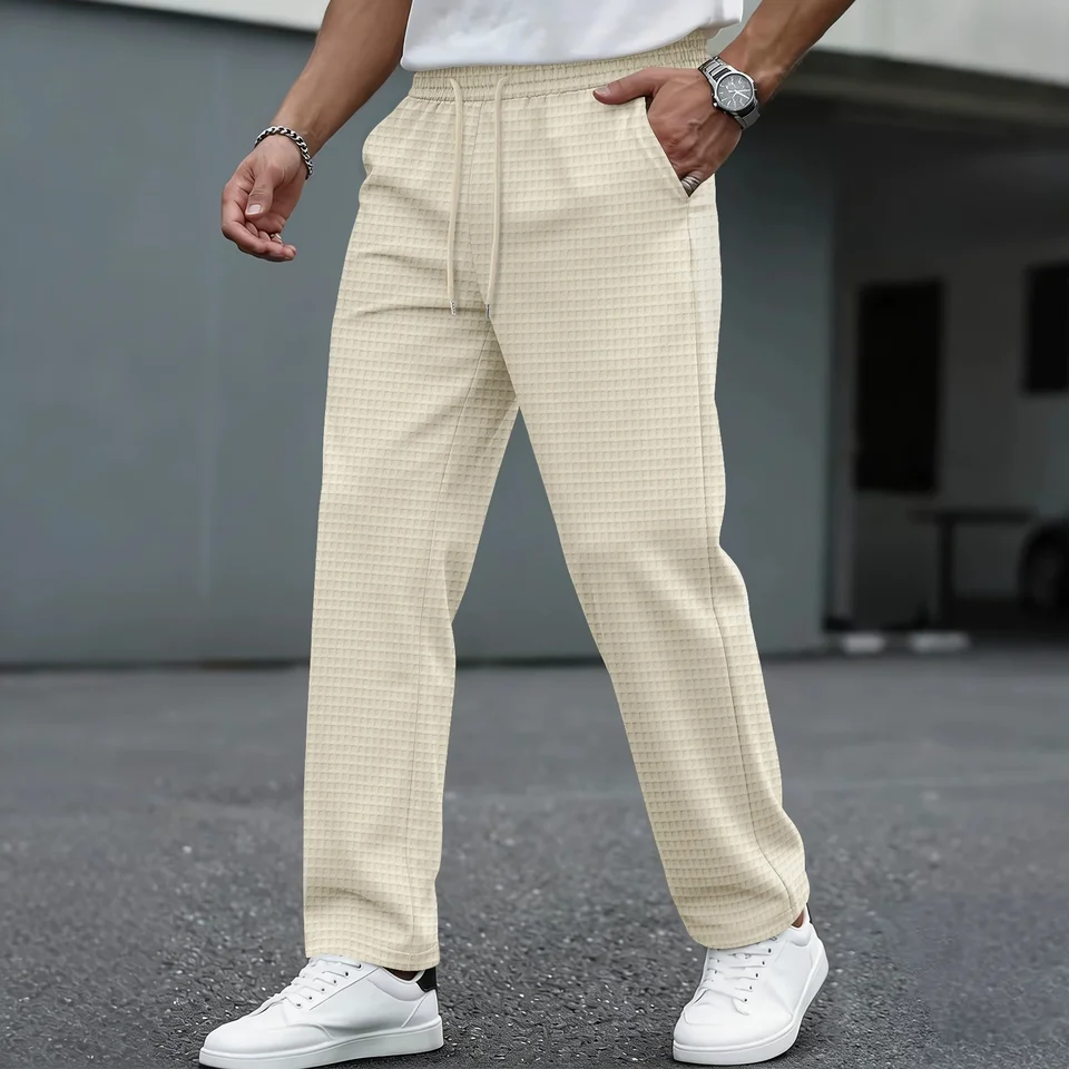 Men's new wide-checkered drawstring casual pants - lightweight, breathable, solid color, comfortable straight-leg trousers - Image 4
