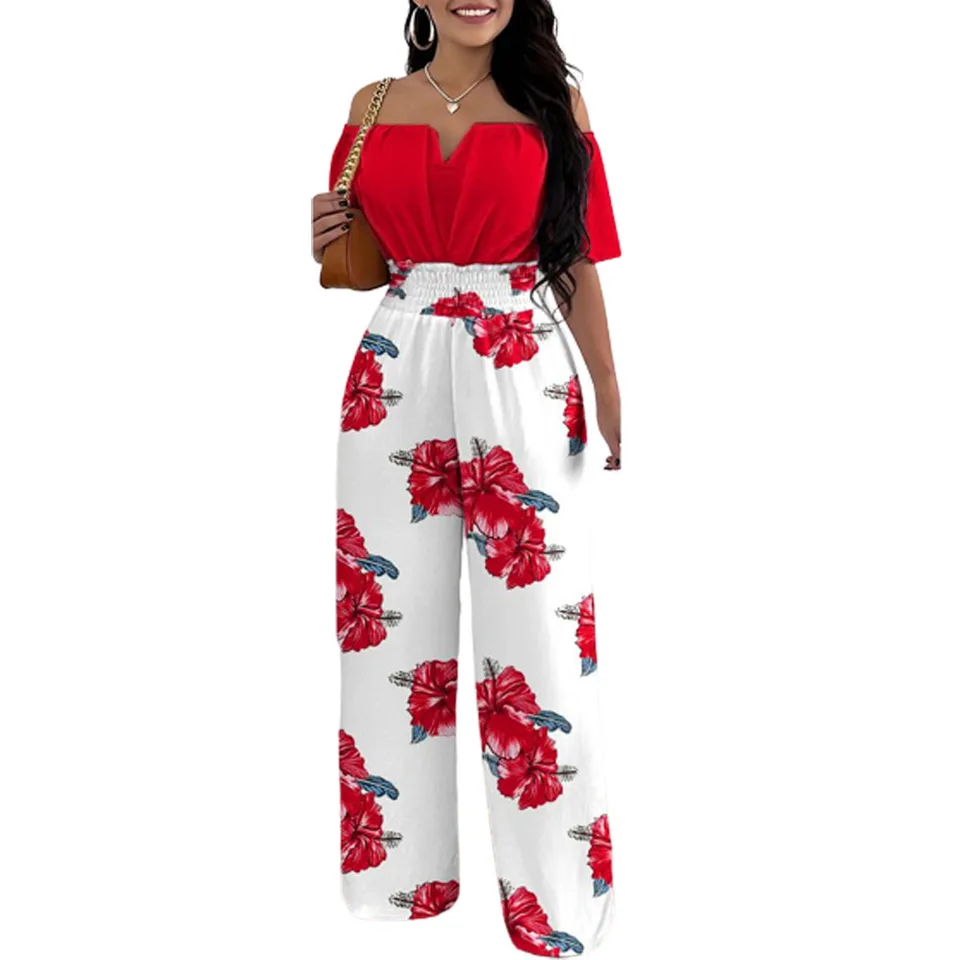 Jumpsuits for Women 2025 Spring Fashion Off Shoulder Casual Plain Short Sleeve Shirred Waist Daily Long Wide Leg Jumpsuit 2025 - Image 6