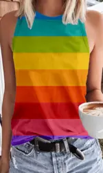 Fashion Geometric Rainbow 3D Print Tank Tops Summer Women O-Neck Casual Vest Off Shoulder Y2k Sleeveless Camisole Woman Clothing