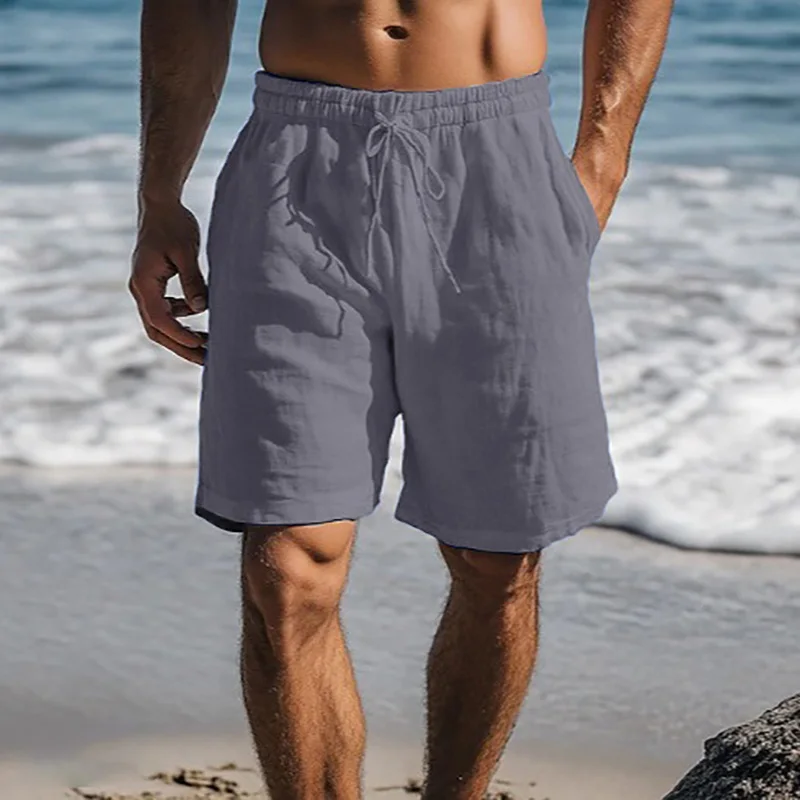 Men Cotton Linen Shorts Summer Lightweight Breathable Casual Beach Style Shorts Basic Solid Color Sweatpants Elastic Waist - Image 5