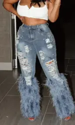 Women's Jeans Vintage Feather High Waist Y2K Streetwear Tassel Holes Casual Denim Pant Spring Skinny Hollow Out Trousers 2025