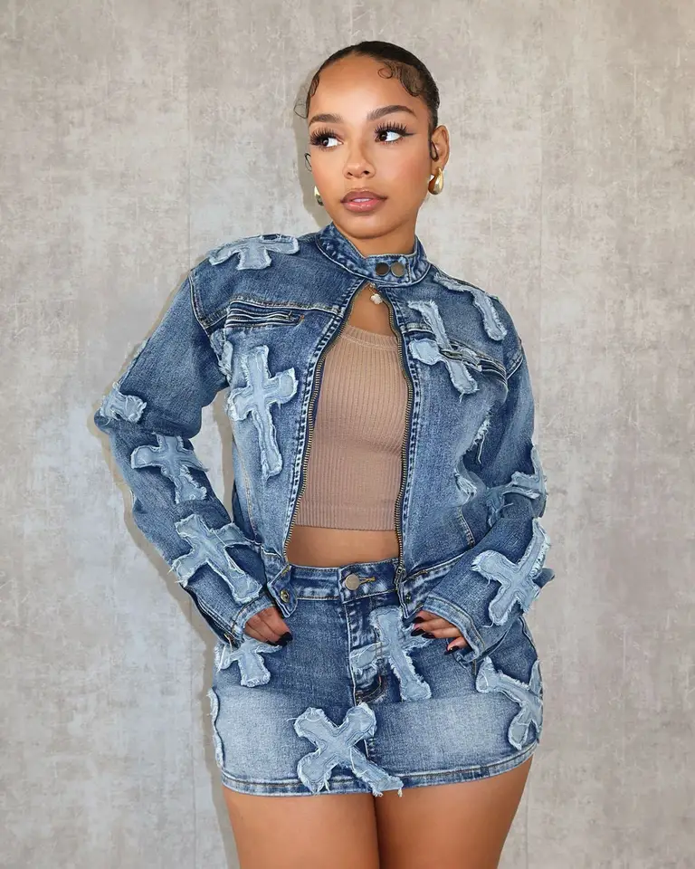 Streetwear Denim Skirt Outfit Set Sexy Women Elegant Two Pieces Jeans Club Matching Set Top+Mini Skirt