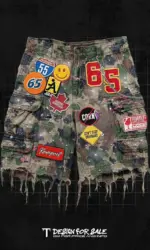 Retro Blue Streetwear Patchwork Denim Short Y2K Jeans Men Women Hip Hop Cartoon Graphics Loose Camo Denim Fitness Casual Shorts