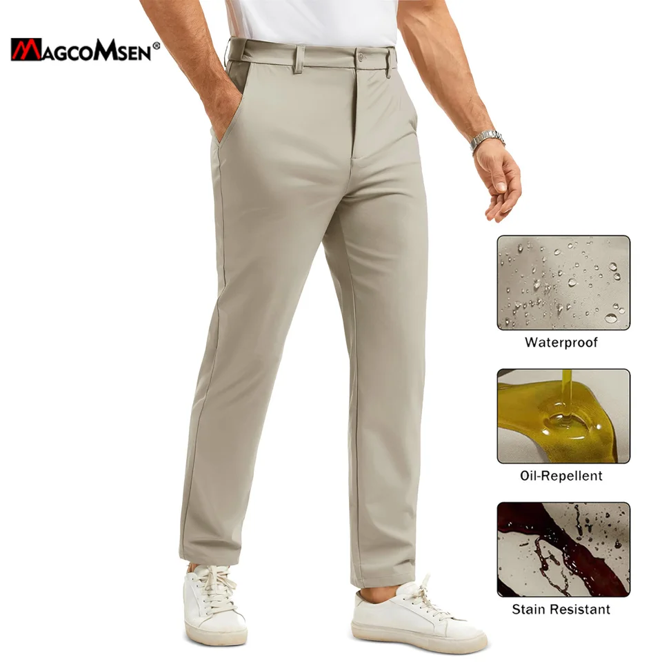 MAGCOMSEN Men's Waterproof Golf Pants Stretch Elastic Waist Oil & Stain Resistant Casual Business Trousers with Zipper Pockets