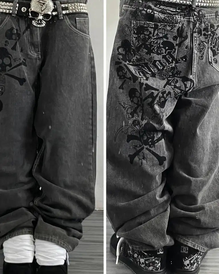 Y2K Street New Skull Embroidered Jeans American Fashion Trendy Retro Pants Men Hip Hop Gothic Harajuku Punk Loose Wide Leg Pants