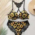 Women's sexy lingerie set with front buckle chrysanthemum pattern and steel ring gathering push up underwear set A3116