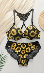 Women's sexy lingerie set with front buckle chrysanthemum pattern and steel ring gathering push up underwear set A3116