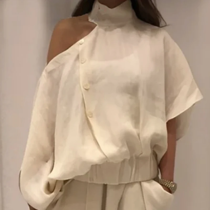 Fashion Women's Pants&Tops Wide Leg Buttoned Casual Bottoms Trousers Hollow Solid Color Irregularity Loose Cold shoulder Blouse - Image 4