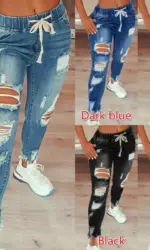 Fashion Vintage Blue Ripped Jeans Women Elastic Waist Drawstring Pencil Denim Jeans Office Lady Holes High Waist Trousers