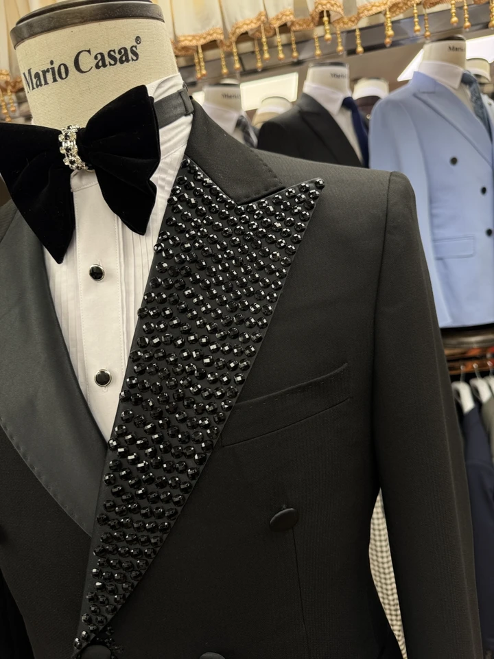 Charming Black Peak Lapel Men's Suit Customized Hot Sale Double Breasted Formal Perform Elegant Crystals Jacket Pants Groom Wear - Image 5