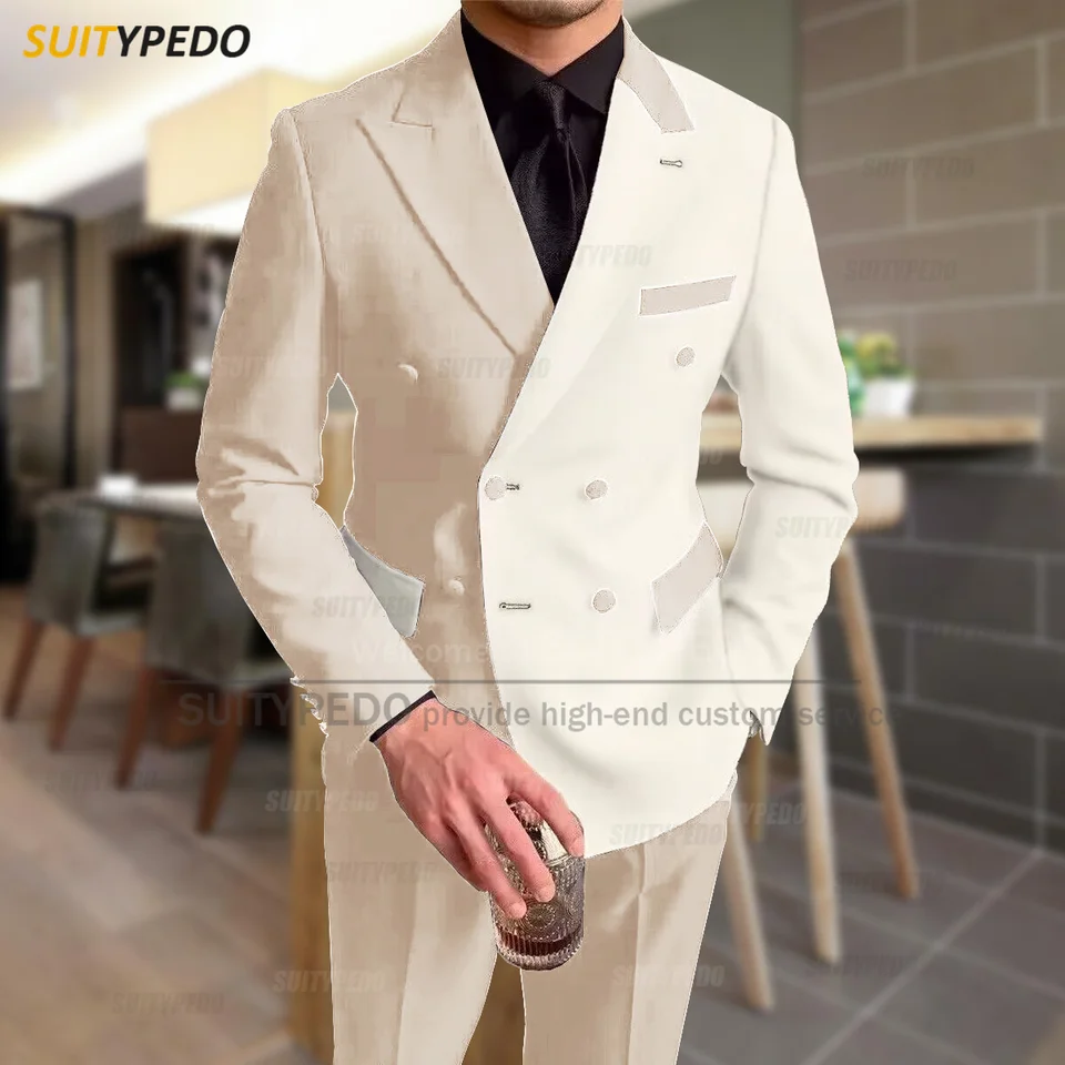 Fashion Black Ivory Splicing Men Suit Casual Party Classic Double Breasted Jacket Evening Dinner Elegant Blazer Pants Outfits - Image 4