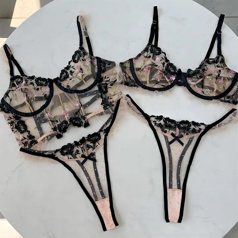 Clashing Sexy Flower Embroidery Lingerie Women's Underwear Set Ladies Push up Bra with Underpants Suit for female - Image 4