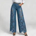 Women Lace Splice Denim Trousers High Waist Hollow Out Wide Leg Casual Elegant Streetwear Pocket Floral Crochet Denim Pant Jeans