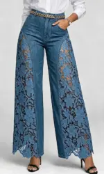 Women Lace Splice Denim Trousers High Waist Hollow Out Wide Leg Casual Elegant Streetwear Pocket Floral Crochet Denim Pant Jeans