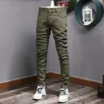 Streetwear Fashion Men Jeans Army Green Elastic Slim Fit Spliced Designer Biker Jeans Men Stretch Hip Hop Denim Pencil Pants