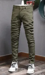 Streetwear Fashion Men Jeans Army Green Elastic Slim Fit Spliced Designer Biker Jeans Men Stretch Hip Hop Denim Pencil Pants