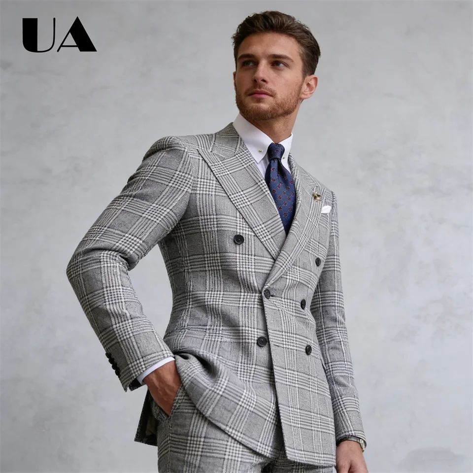 Retro Checkered Suit Set Including Jacket and Pants, Men's Formal Suit Double Breasted Jacket XXS-7XL Tuxedo Blazer Trousers