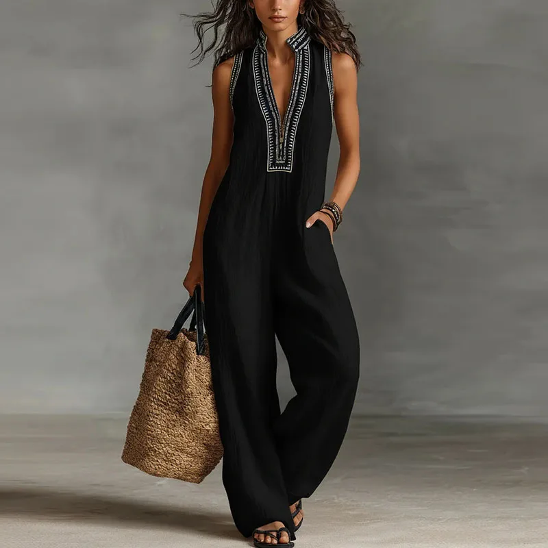 Sexy Deep V Neck Hollow Women's Jumpsuits Vintage Printed High Waist Slim Office Romper Spring Summer Sleeveless Pocket Overalls - Image 3