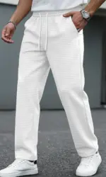 Men's new wide-checkered drawstring casual pants - lightweight, breathable, solid color, comfortable straight-leg trousers